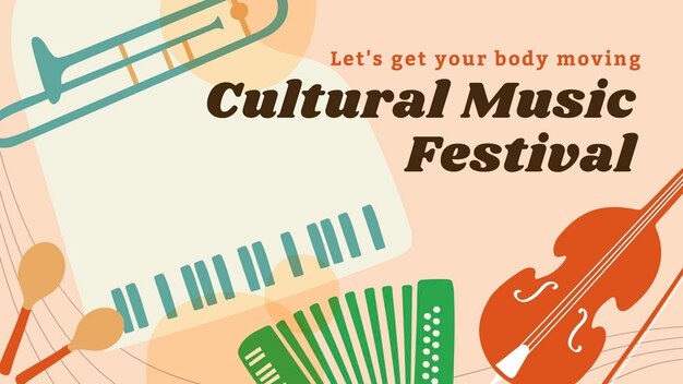Modelo de banner de festival de música cultural, vetor de design de instrumento retrô