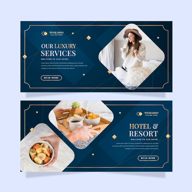 Modelo de banner de hotel em gradiente com foto