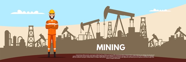 Vetor grátis modelo de banner de mineração de petróleo e gás com mineiro em personagem de capacete layout de cartaz da indústria de extração de minerais fósseis trabalhador feliz e ilustração de máquinas pesadas