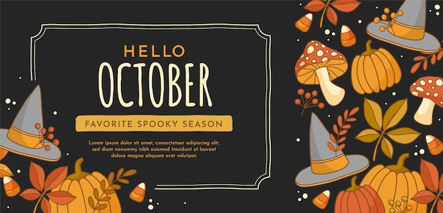 Modelo de banner de olá de outubro desenhado à mão para celebração de outono