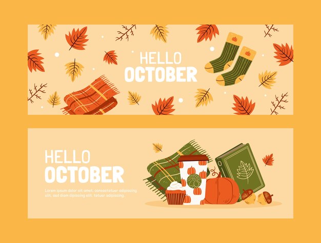 Vetor grátis modelo de banner de olá de outubro desenhado à mão para celebração de outono