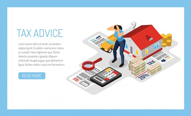 Modelo de banner de serviço on-line de aconselhamento fiscal pessoal, ilustração isométrica com declaração de renda de propriedade de proprietário