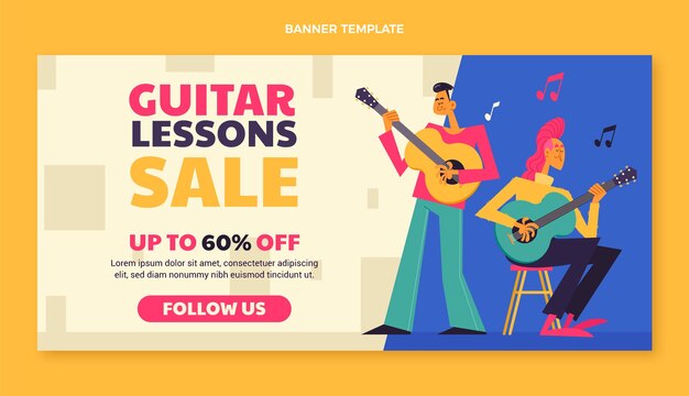 Modelo de banner de venda de aulas de guitarra desenhada à mão