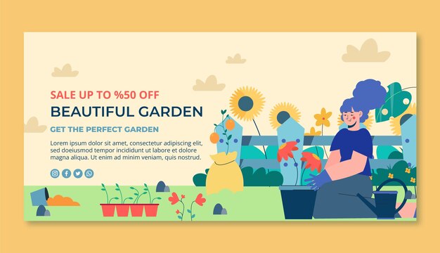 Modelo de banner de venda de jardinagem desenhado à mão