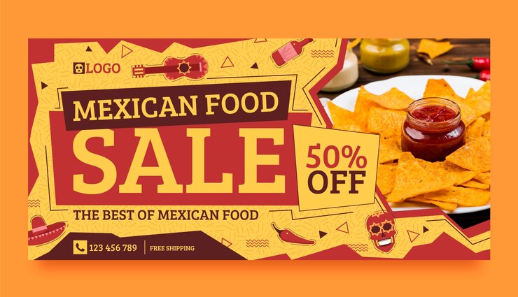 Modelo de banner de venda de restaurante mexicano de design plano