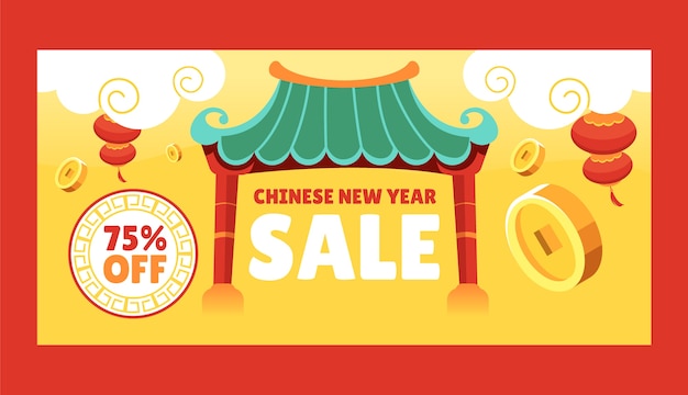 Vetor grátis modelo de banner de venda horizontal de ano novo chinês plano