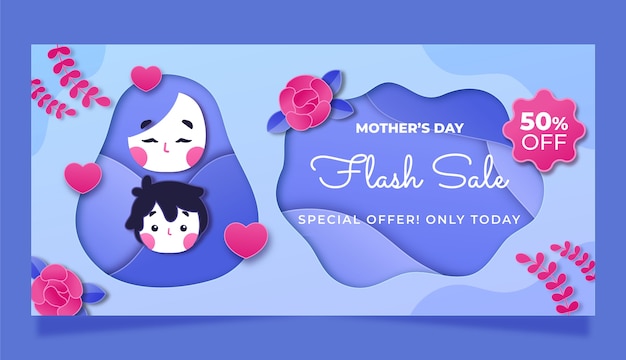 Vetor grátis modelo de banner de venda horizontal de estilo de papel para celebração do dia das mães