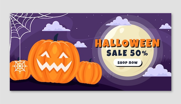 Modelo de banner de venda horizontal de halloween plano