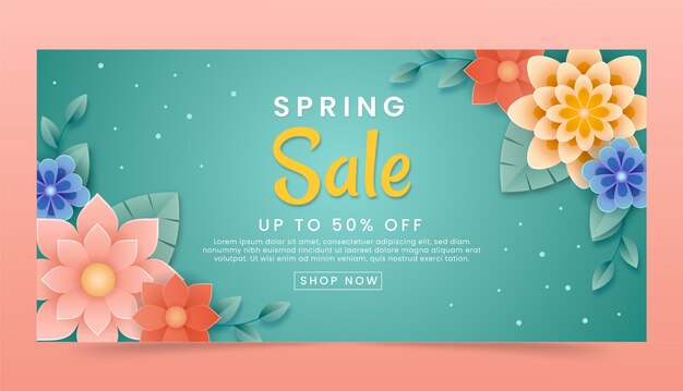 Modelo de banner de venda horizontal floral de primavera estilo papel
