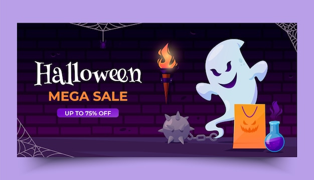 Modelo de banner de venda horizontal gradiente de halloween