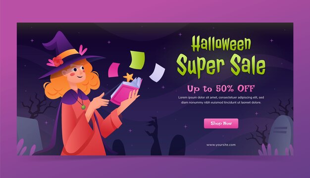 Modelo de banner de venda horizontal gradiente para celebração da temporada de halloween
