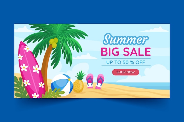 Vetor grátis modelo de banner de venda horizontal plana para a temporada de verão
