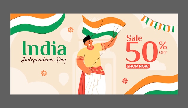 Vetor grátis modelo de banner de venda horizontal plana para celebração do dia da independência da índia