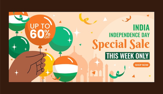 Vetor grátis modelo de banner de venda horizontal plana para celebração do dia da independência da índia