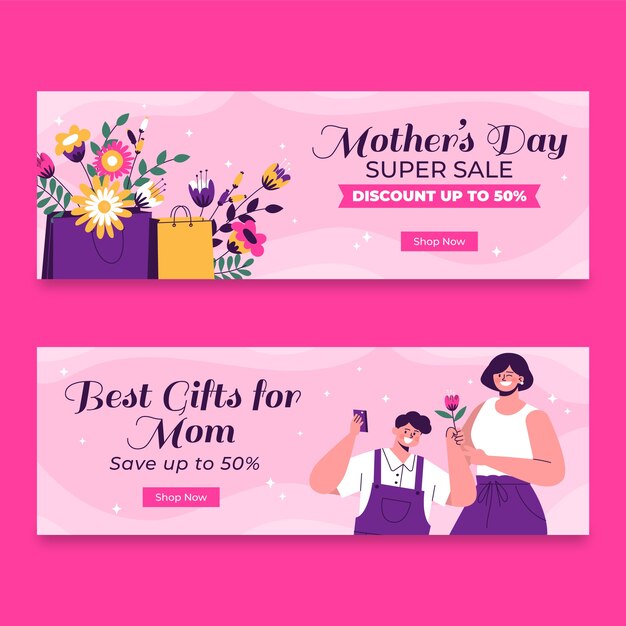 Vetor grátis modelo de banner de venda horizontal plana para celebração do dia das mães