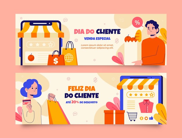 Modelo de banner de venda horizontal plana para dia do cliente