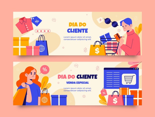 Modelo de banner de venda horizontal plana para dia do cliente