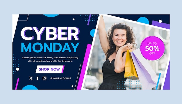 Vetor grátis modelo de banner de venda horizontal plano para venda na cyber monday