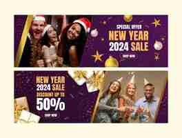 Vetor grátis modelo de banner de venda horizontal realista para celebração do ano novo de 2024