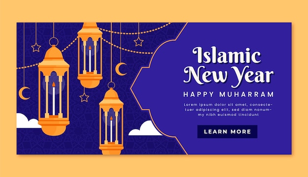 Modelo de banner horizontal de ano novo islâmico plano com lanternas