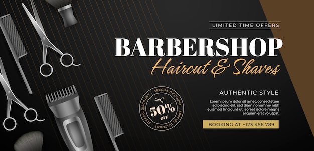 Vetor grátis modelo de banner horizontal de barbearia realista