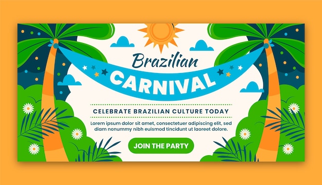 Modelo de banner horizontal de celebração de carnaval brasileiro plana