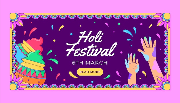 Modelo de banner horizontal de celebração do festival de holi desenhado à mão