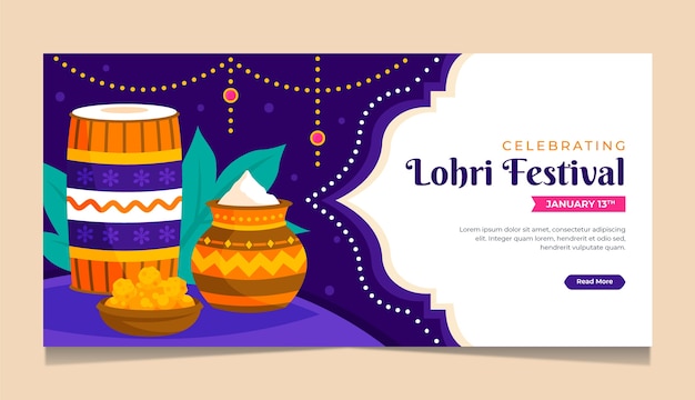 Modelo de banner horizontal de celebração do festival lohri plano