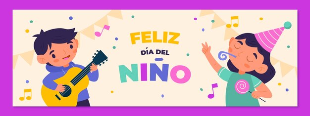 Modelo de banner horizontal de dia das crianças plana em espanhol