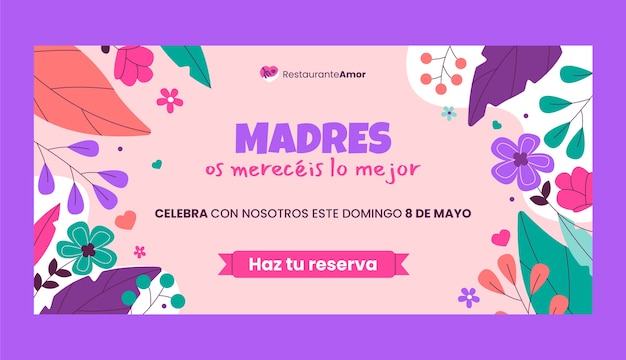 Modelo de banner horizontal de dia das mães plano em espanhol