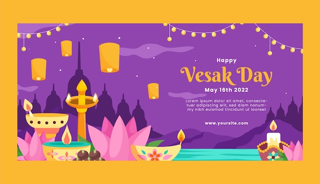 Modelo de banner horizontal de dia de vesak plano