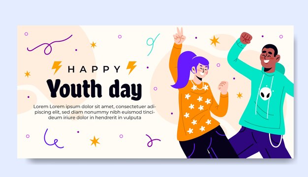 Modelo de banner horizontal de dia internacional da juventude desenhado à mão