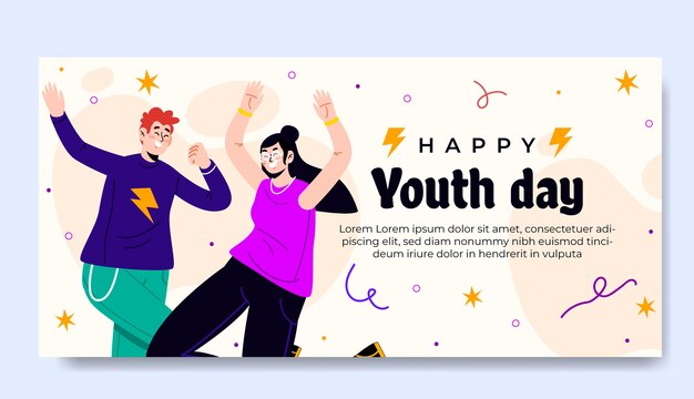 Modelo de banner horizontal de dia internacional da juventude desenhado à mão