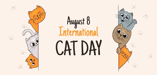 Modelo de banner horizontal de dia internacional do gato desenhado à mão