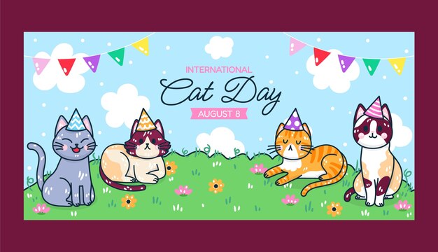 Modelo de banner horizontal de dia internacional do gato desenhado à mão