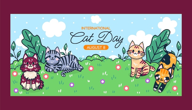 Vetor grátis modelo de banner horizontal de dia internacional do gato desenhado à mão