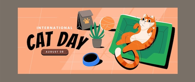 Modelo de banner horizontal de dia internacional do gato plano