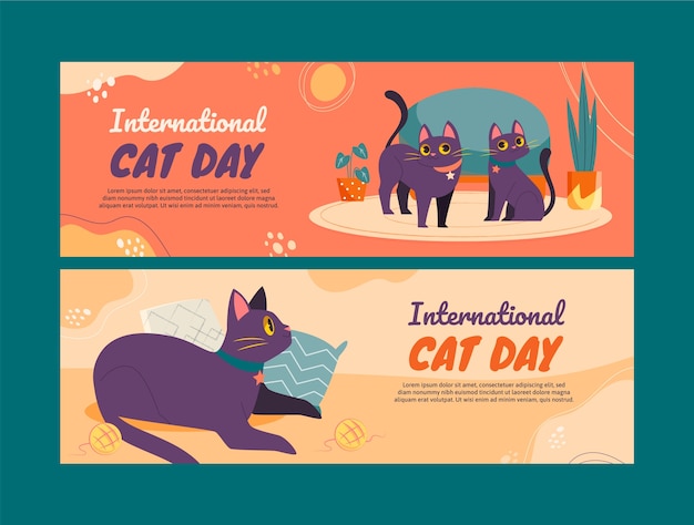 Modelo de banner horizontal de dia internacional do gato plano
