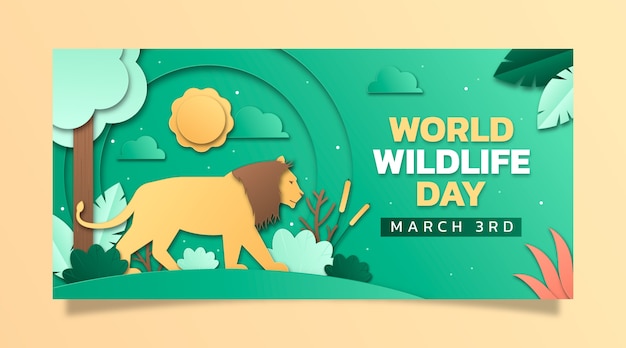 Vetor grátis modelo de banner horizontal de estilo de papel para o dia mundial da vida selvagem com flora e fauna