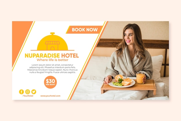 Modelo de banner horizontal de hotel plano com foto