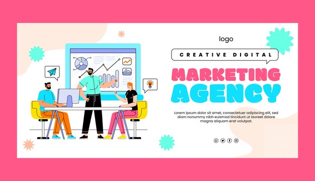 Modelo de banner horizontal de uma agência de marketing de design plano