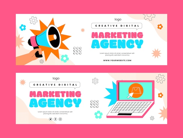 Modelo de banner horizontal de uma agência de marketing de design plano