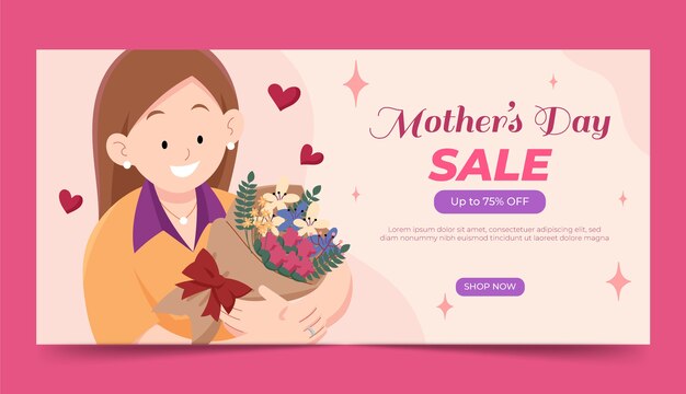 Modelo de banner horizontal de venda de dia das mães plana