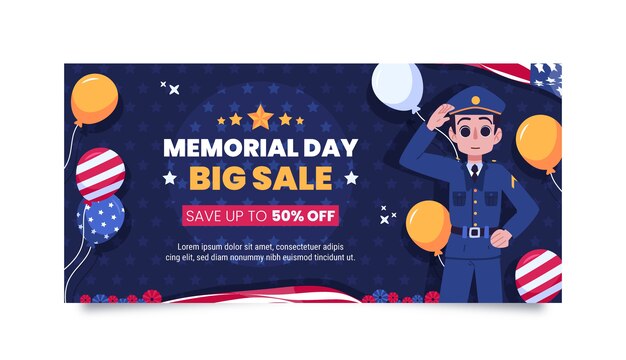 Modelo de banner horizontal de venda de dia memorial plano
