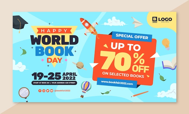 Modelo de banner horizontal de venda de dia mundial do livro plano