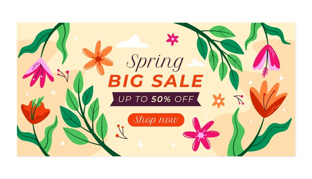 Modelo de banner horizontal de venda de primavera floral plana