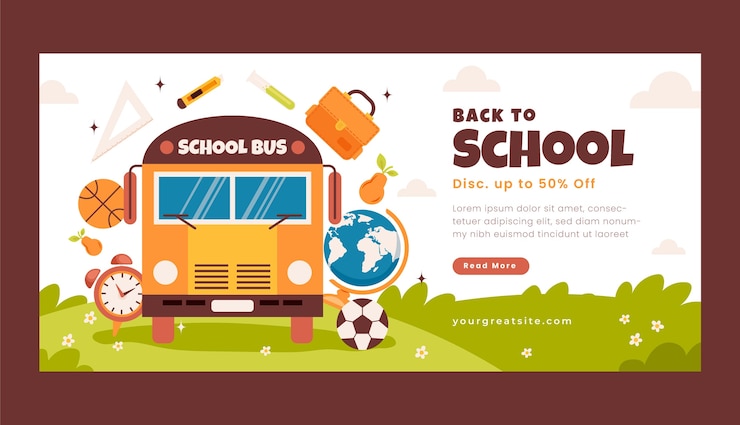 Vetor grátis modelo de banner horizontal de venda plana de volta à escola com ônibus escolar