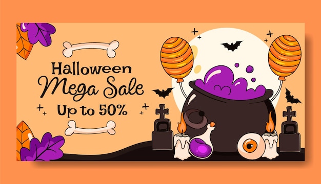 Vetor grátis modelo de banner horizontal desenhado à mão para celebração de halloween