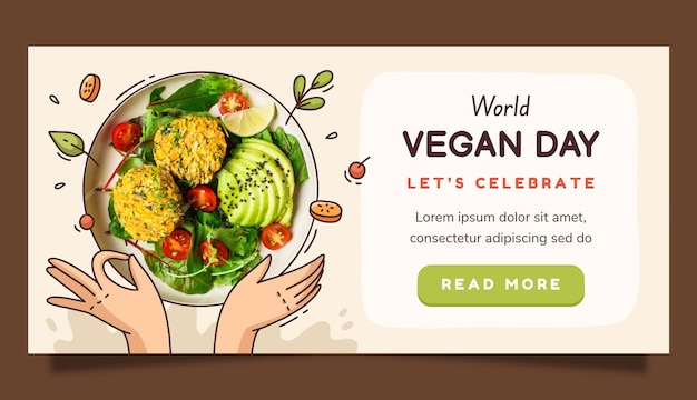 Vetor grátis modelo de banner horizontal desenhado à mão para celebração do dia vegano mundial