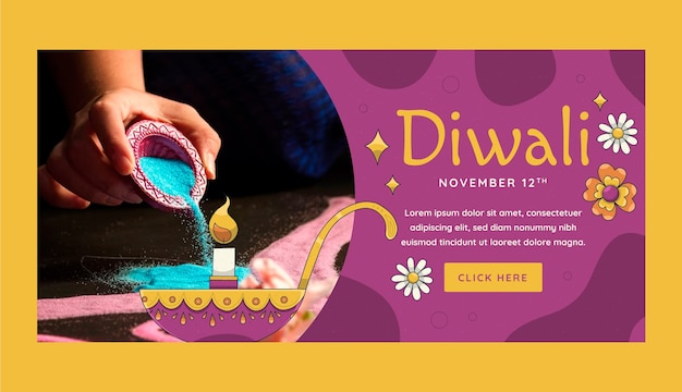 Vetor grátis modelo de banner horizontal desenhado à mão para celebração do festival hindu diwali